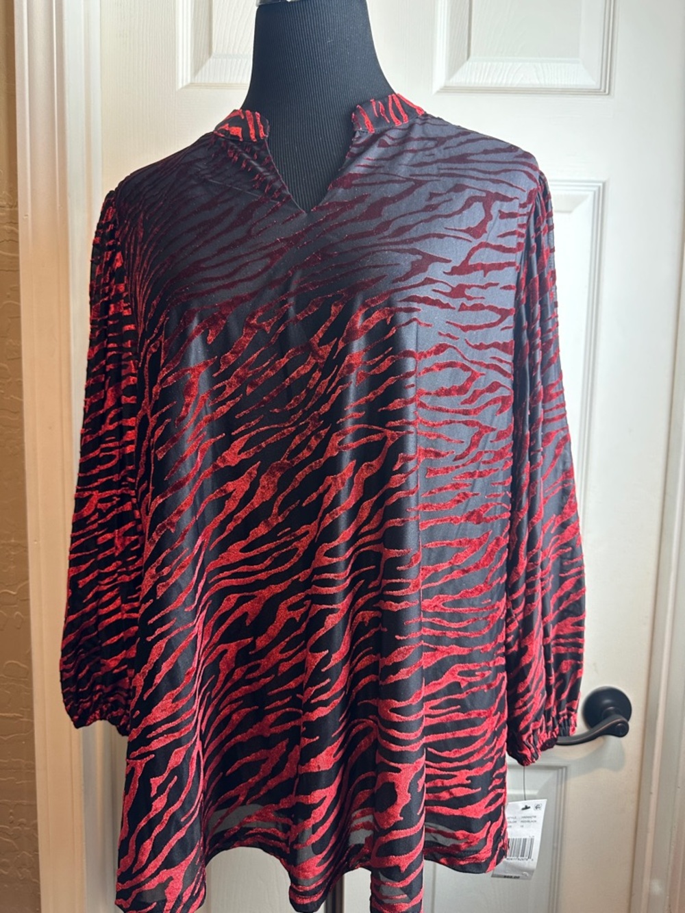 Red and Black Zebra Print V-Neck Blouse